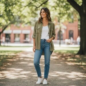 Free People We the Free Olive Long Sleeve Button Up Utility  Blouse Turn Cuffs